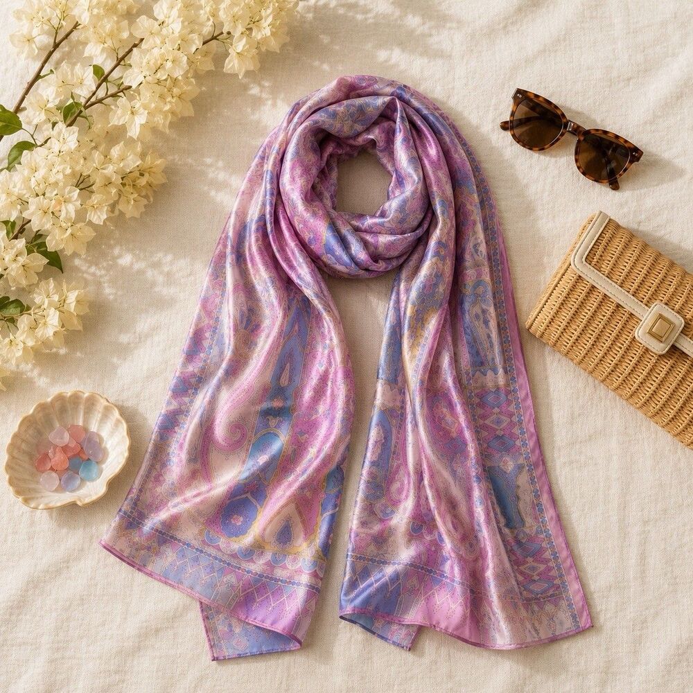 Vintage BYTU Korea Silk Scarf Sheer Boho Ornate Purple Blue Wrap Shawl 66x21